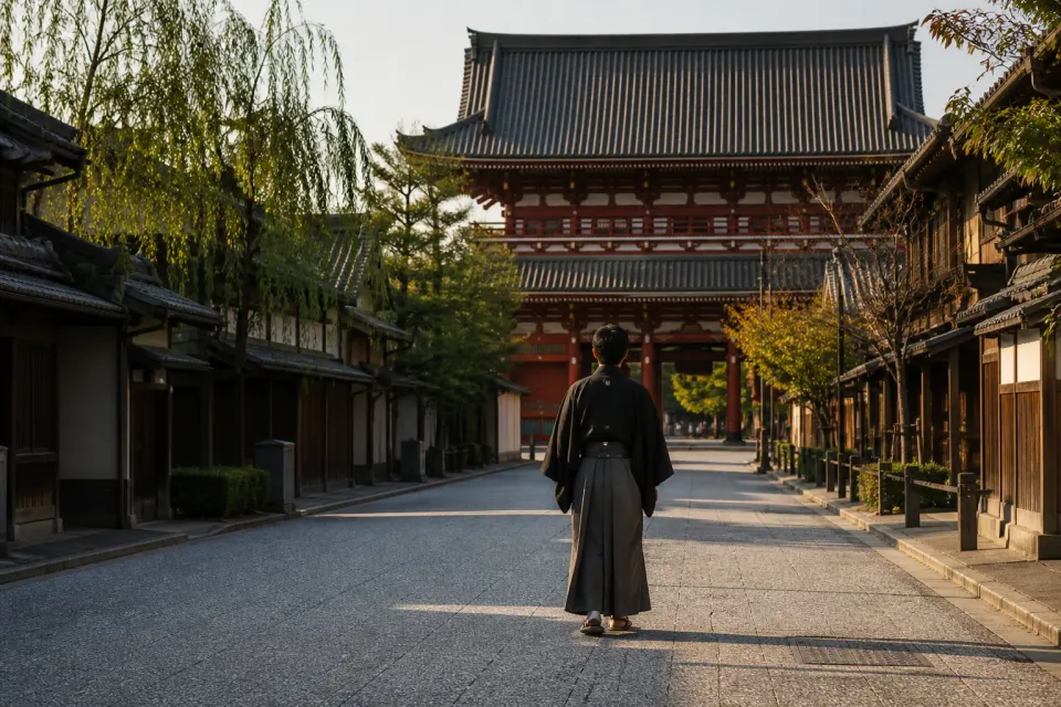 Traveler in hakama standing in a spacious traditional Asakusa lane