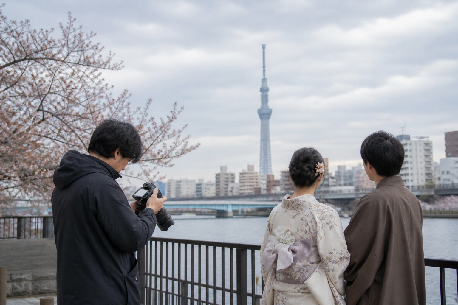 Photographer preparing a kimono portrait by Sumida River with Tokyo Skytree behind