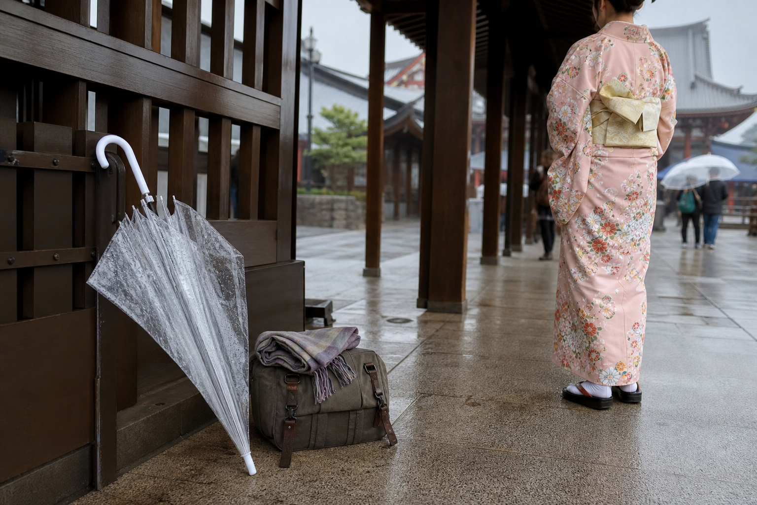 Transparent umbrellas and camera bag prepared under a covered Asakusa walkway in rain