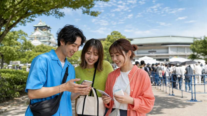入場前にチケットと持ち物を確認する観客