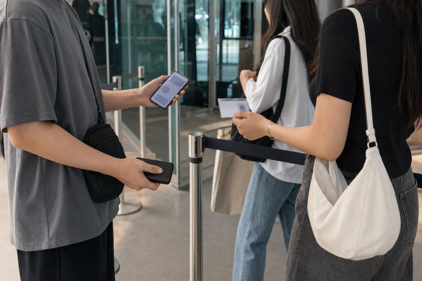 공연 입장 전 모바일 티켓과 신분증을 확인하는 관람객