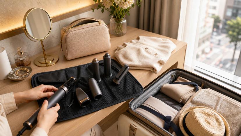 Travel hair styling setup in a Seoul hotel