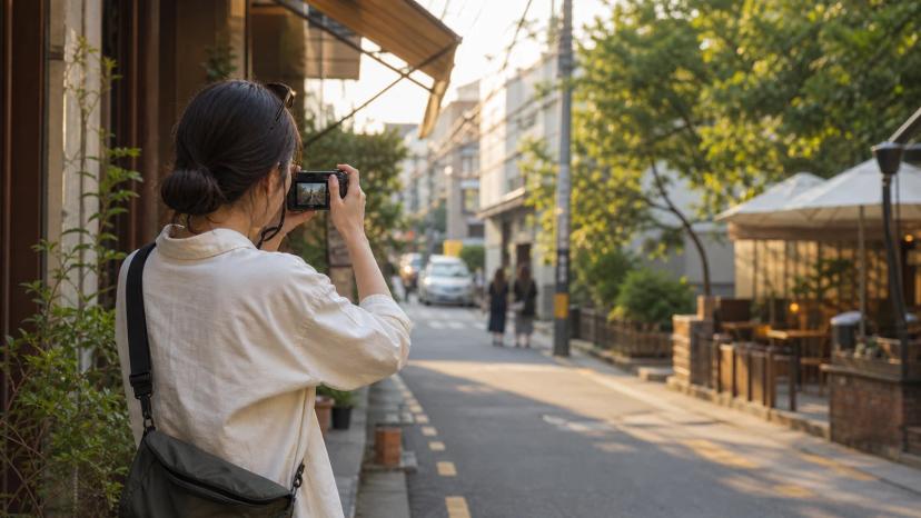 서울 거리에서 렌탈 카메라로 사진을 찍는 여행자