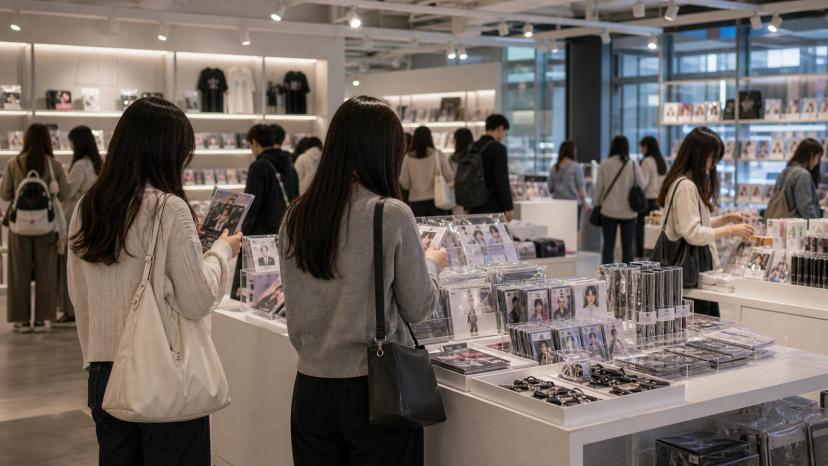 ソウルのK-popポップアップでグッズを見る場面