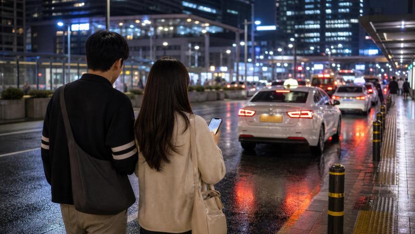 Late-night taxi pickup and well-lit return route in Seoul