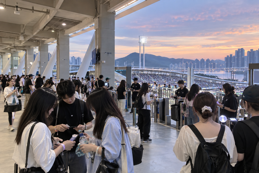 釜山のスタジアム入場前にチケットと持ち物を確認する観客