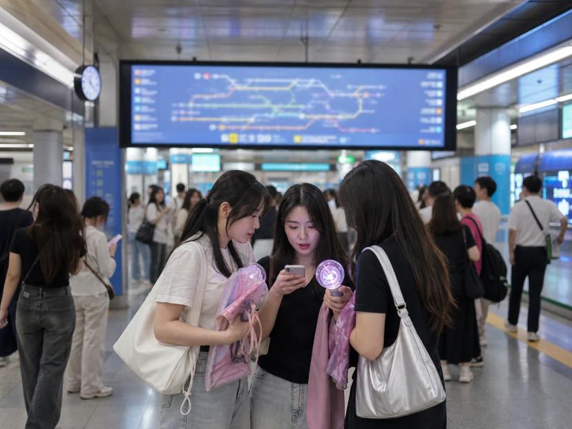 演出后查看地铁路线的观众